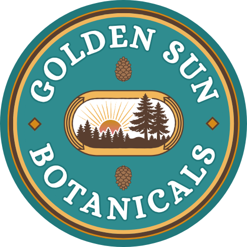 Logo of Golden Sun Botanicals with a scenic design and pine cones on a teal background